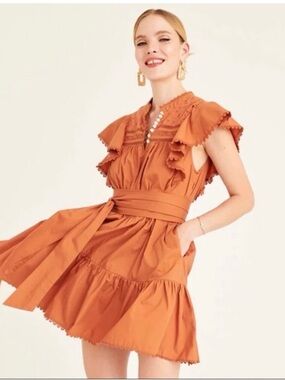 Secret Mission Rust Orange Brown Ruffle Waist-Tie Mini Dress medium